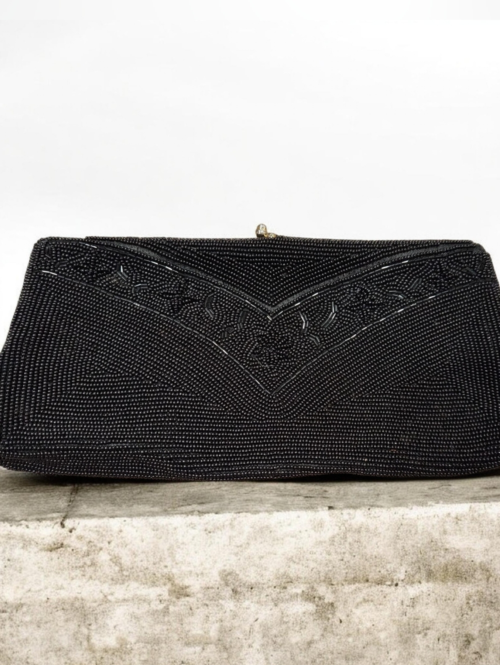 Vintage Richere Black Beaded Evening Clutch Wedding Hollywood Glam SILK